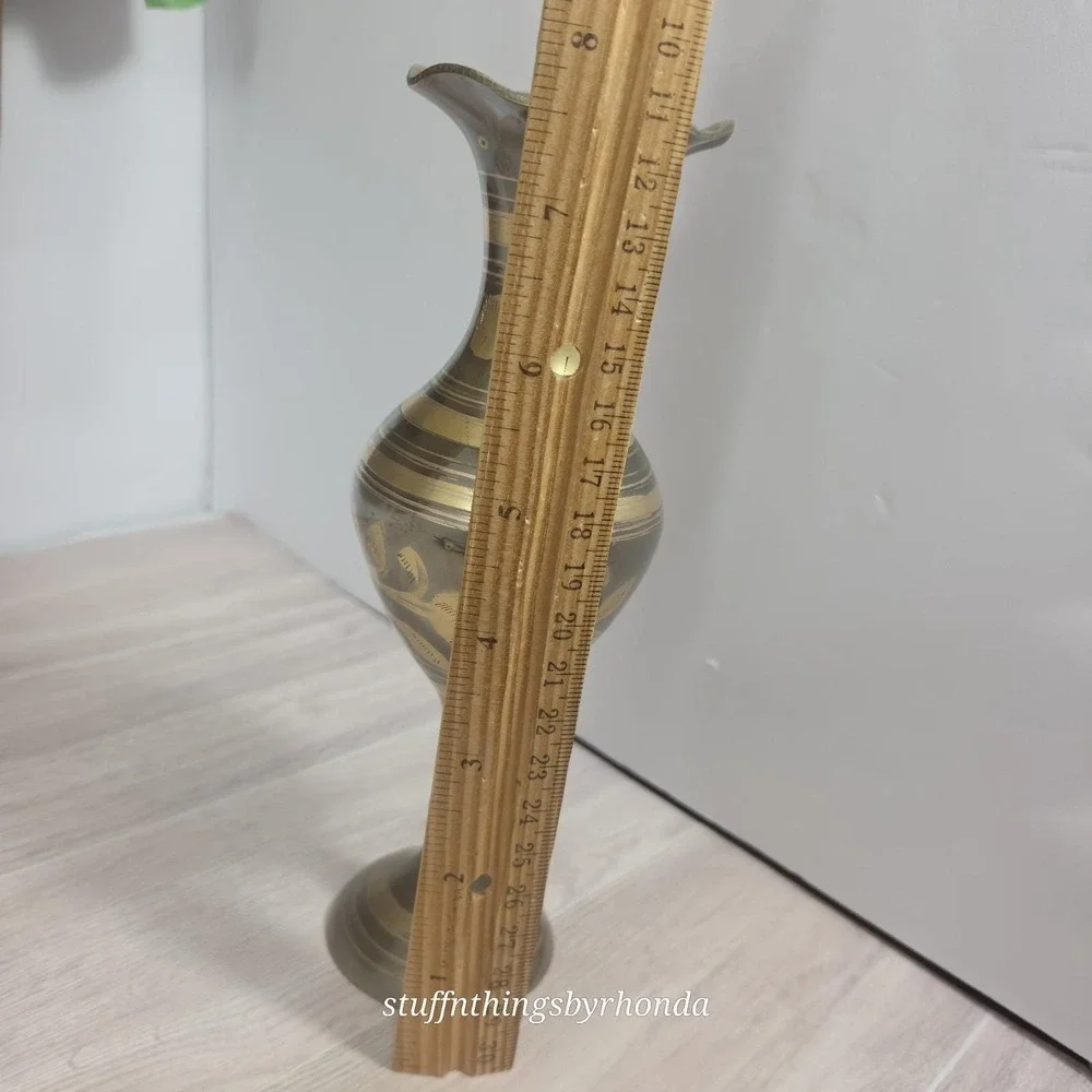 Vintage Etched Solid Brass Vase Made in India Ruffled Rim Floral Design 8 Inch